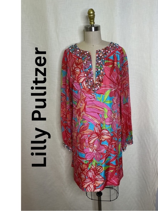 Lilly Pulitzer Dresses & Skirts - Lilly Pulitzer Pink Floral Beaded Tunic Dress Size 10 Resort Chic